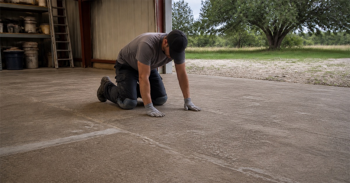 Worker kneeling with both palms flat on a bare slab, inspecting the surface before work begins