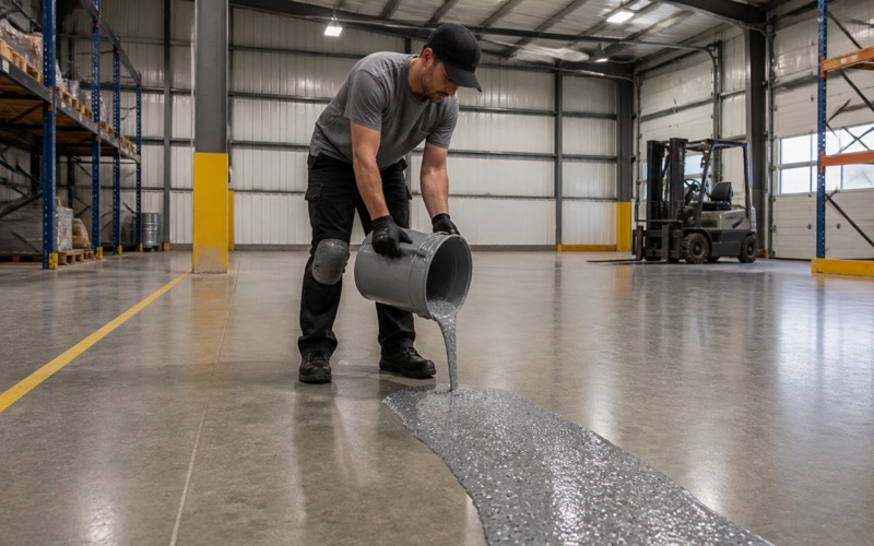 Worker tipping a plain pail of urethane cement onto a warehouse slab beside racking legs