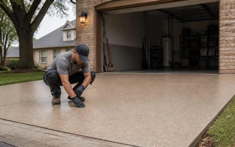 Gloved hand pressed flat on a coated driveway slab at the apron edge