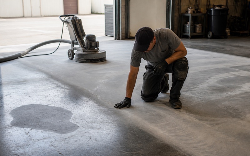 Worker's flat palm on a freshly ground slab checking the opened surface profile
