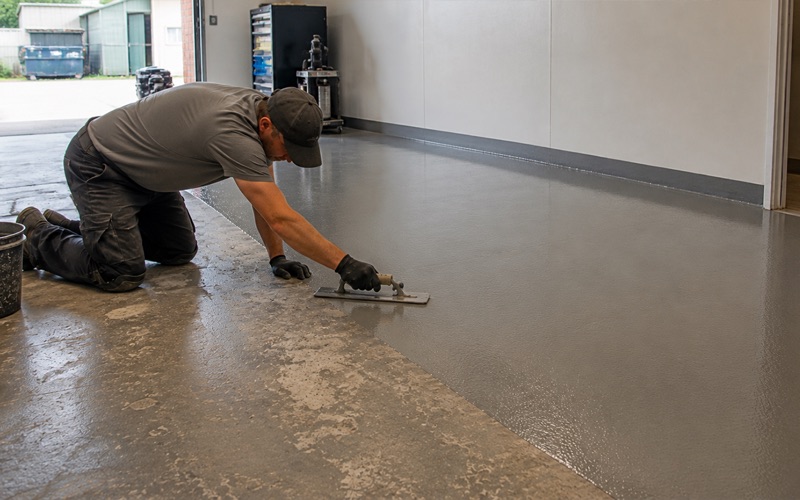 Worker pressing a magnesium float flat across a fresh cementitious overlay on an interior slab