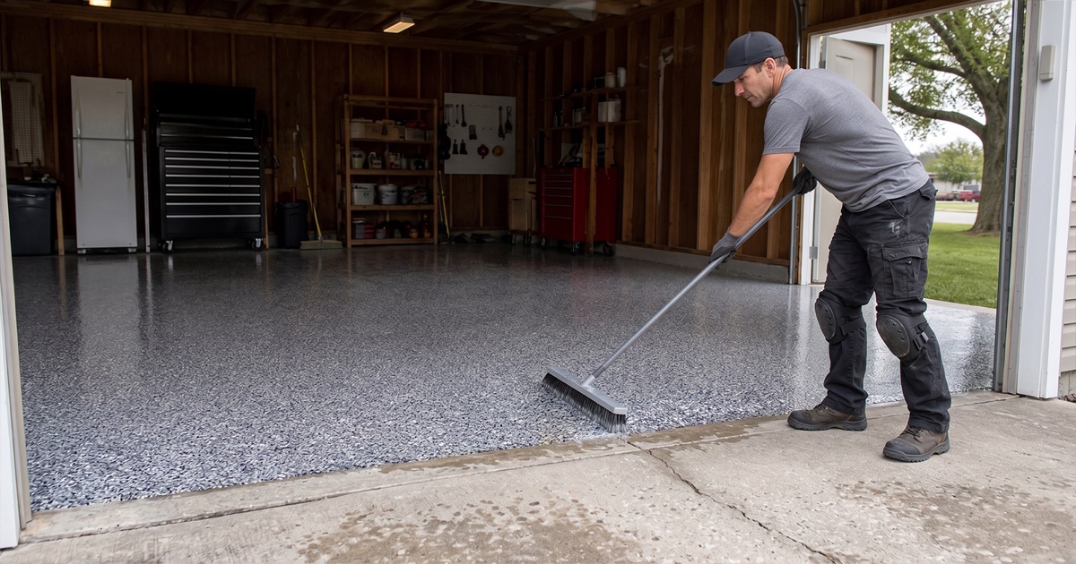 Worker sweeping cured flake with a wide push broom in a detached Bellville garage