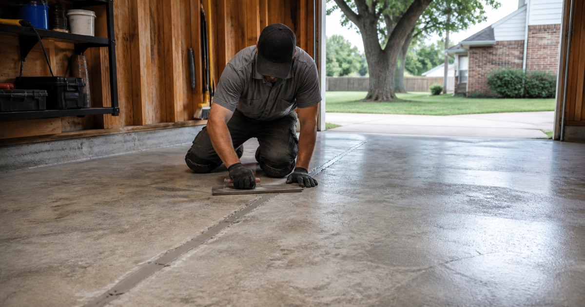 Installer drawing a blade along a semi-rigid joint filler bead in an older Bryan garage