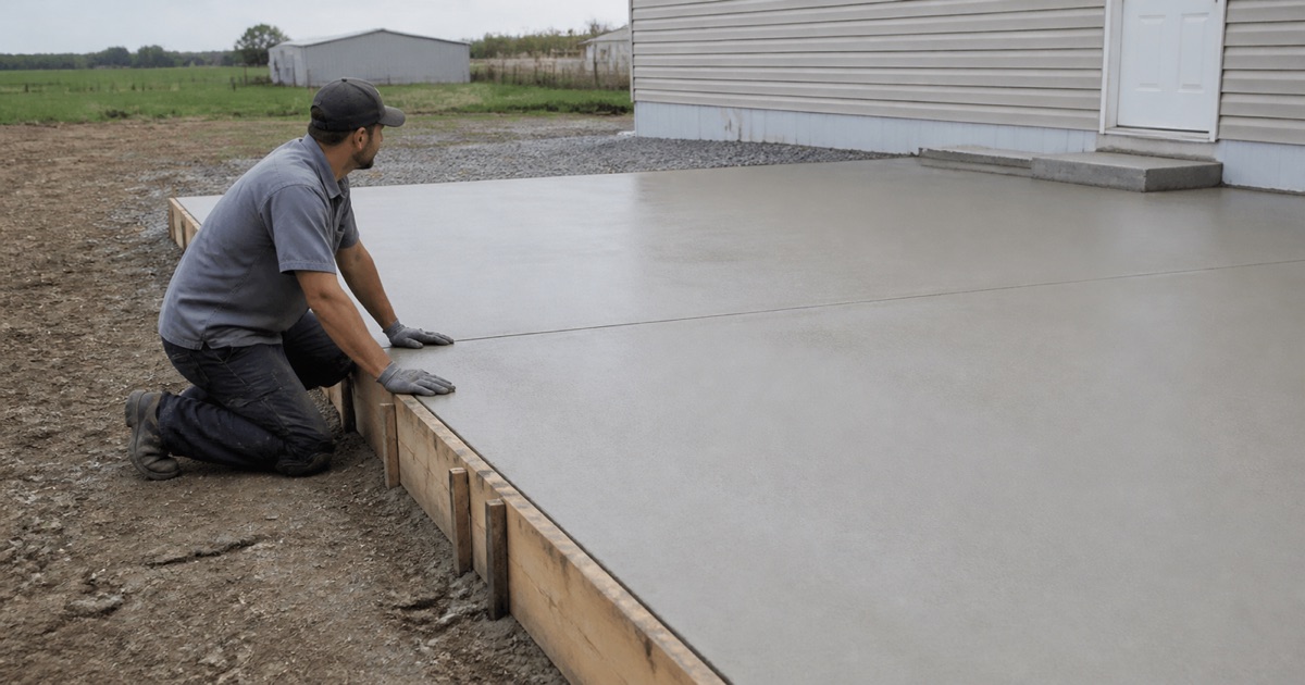 Worker resting both hands on the formed edge of a fresh exterior pad in Caldwell