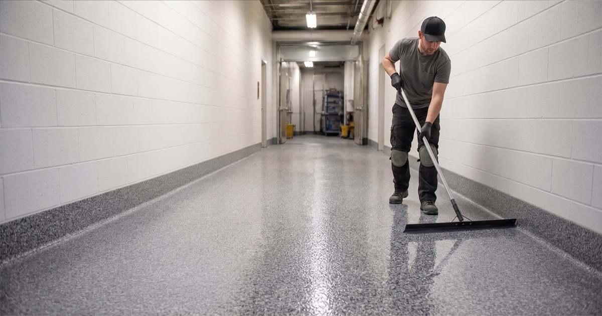 Worker pushing a wide floor squeegee across an institutional corridor slab in Huntsville