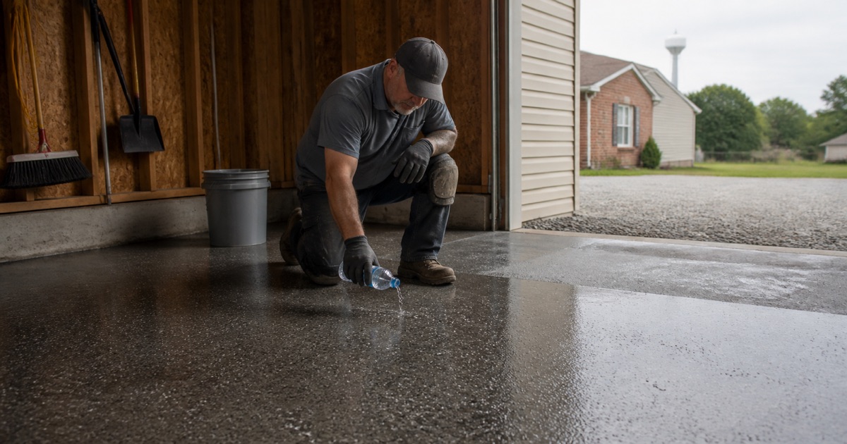 Water beading on an old sealed garage slab as a worker tests the surface in Madisonville
