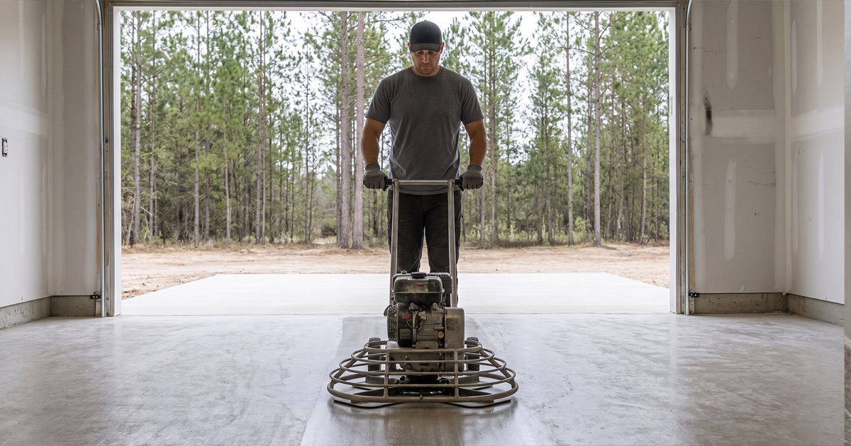 Worker steadying a low scarifier resting on its wheels on a new Magnolia garage slab