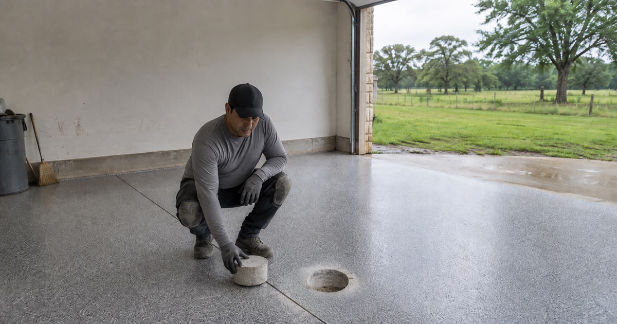 Worker holding a short concrete core sample level on an open palm beside an opened slab