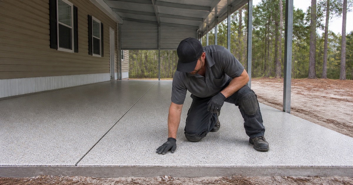 Gloved hand flat on a carport slab edge where the concrete meets sandy ground in Pinehurst