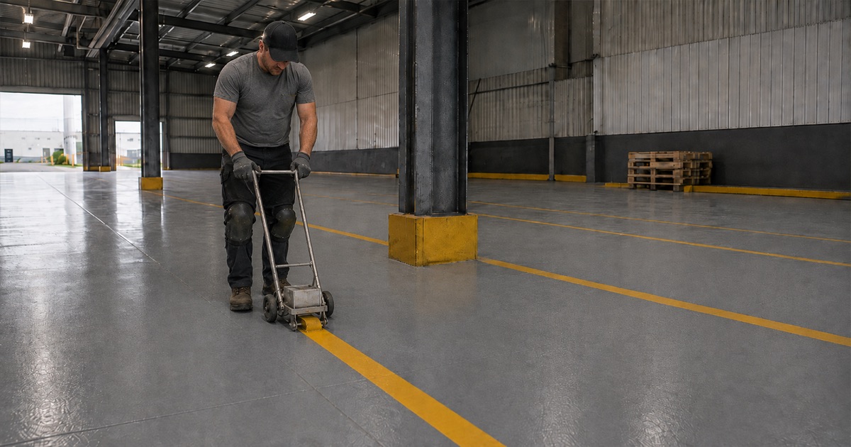 Worker holding a striping shield flat against a coated industrial floor in Rockdale