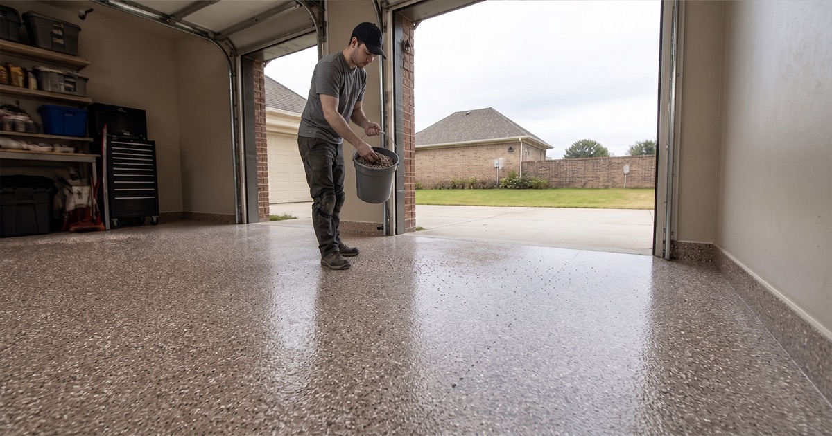 Worker casting vinyl flake across a wet epoxy base coat in a College Station garage bay